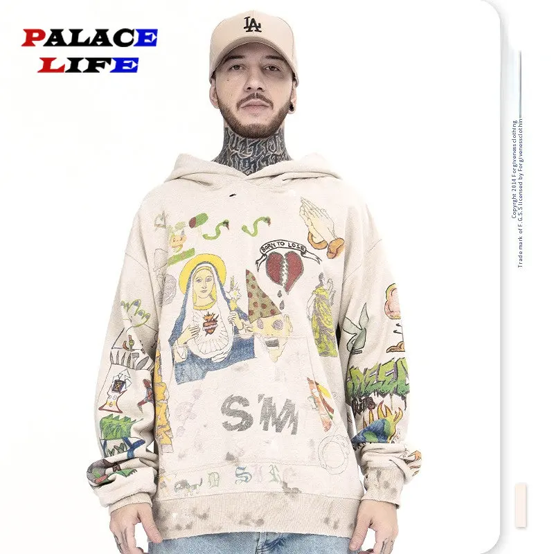 

Новинка 2023, Мужская/Женская Повседневная Свободная Толстовка с капюшоном от firmранчо ручной росписи в стиле High Street Make Old Kanye