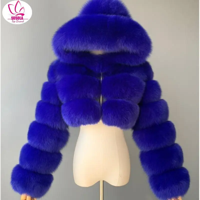 SUSOLA Trend Hooded Faux Fur Coat Women Lady Winter Warm 8XL Blue Furry Overcoat Elegant Plush Crop Jacket Femme