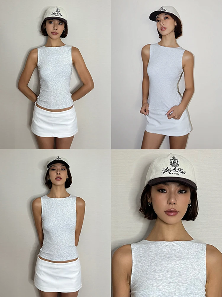 VanessaLab Summer Light Flower Grey Old Money Sleeveless Slim Fit Elastic Tank Top T-Shirt For sport t shirt women