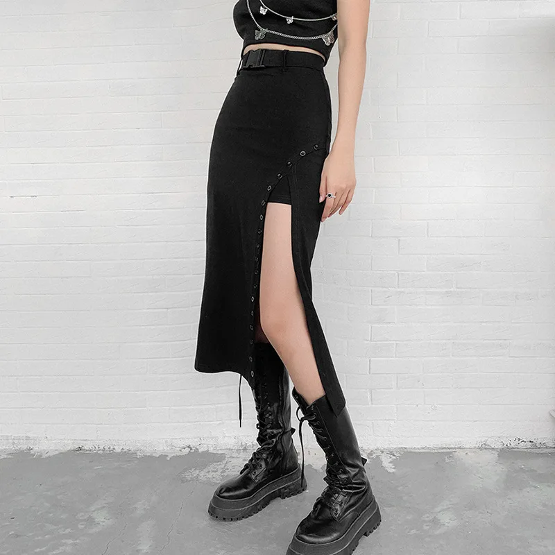 

Женская юбка с завышенной талией Goth, черная трапециевидная юбка средней длины в готическом стиле, соблазнительная Клубная юбка в стиле Dark ...