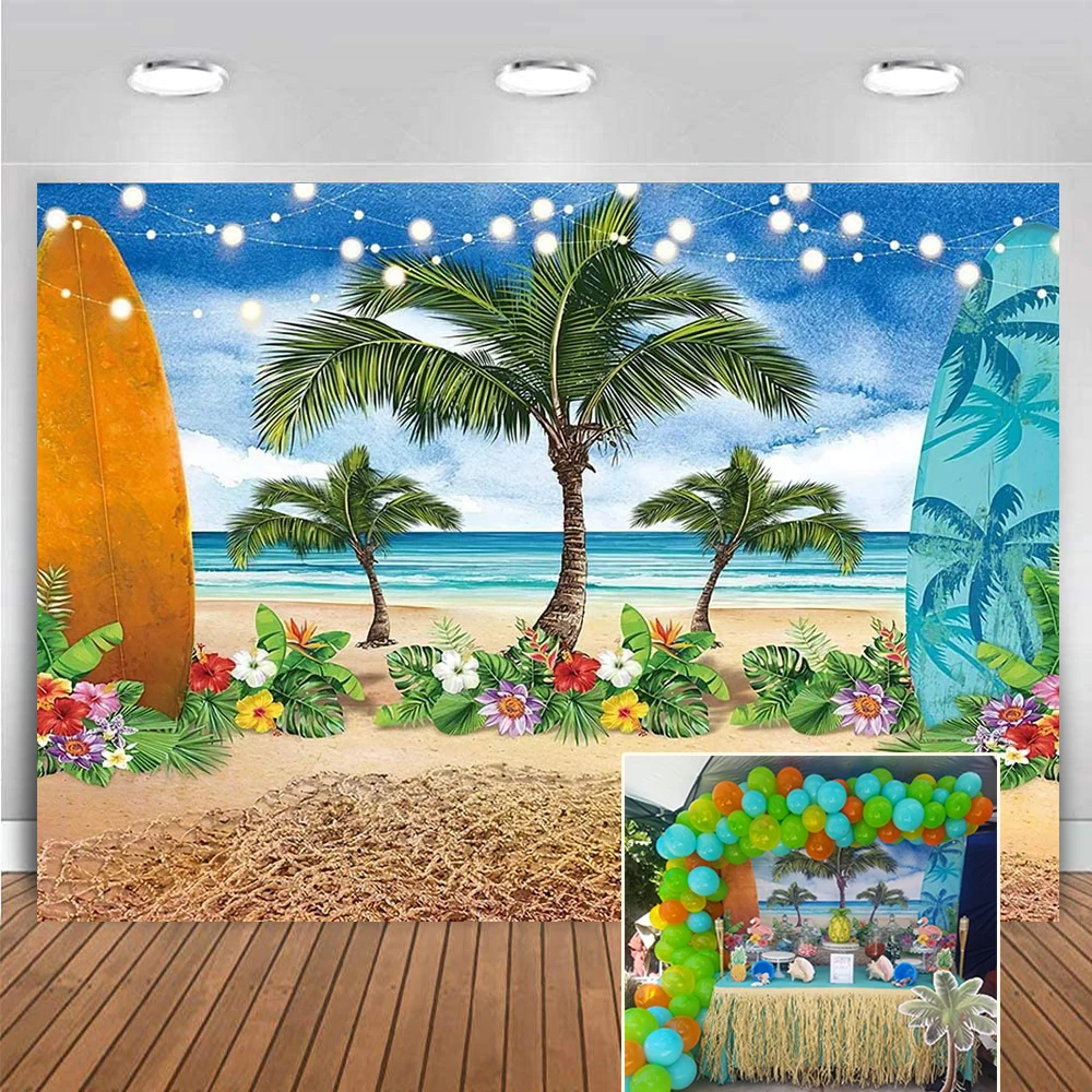 

Summer Tropical Flower Photography Backdrops Beach Seaside Island Palm Trees Photo Background for Hawaii Pool Party Luau Theme