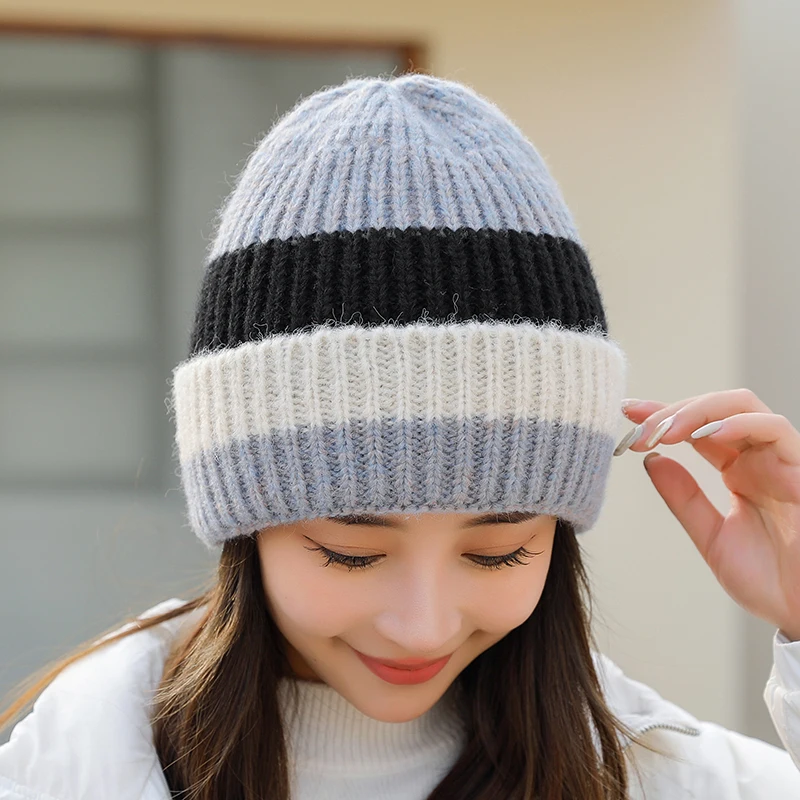 

2022 New Winter Hats For Women Wool Blended Knit Stripe Couple Cap Lady Thread Knitted Beanie Chapeau Warm Bonnet