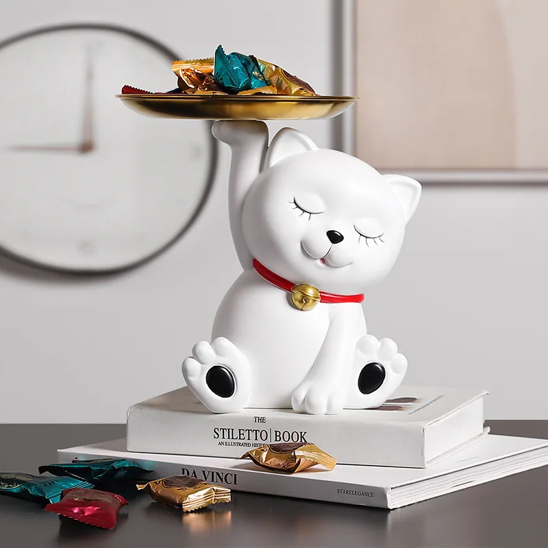 Lucky Cat Statue Storage Tray Ornament Resin Animal Sculpture Home Decor Crafts Tabletop Cabinet Nordic Home Decoration