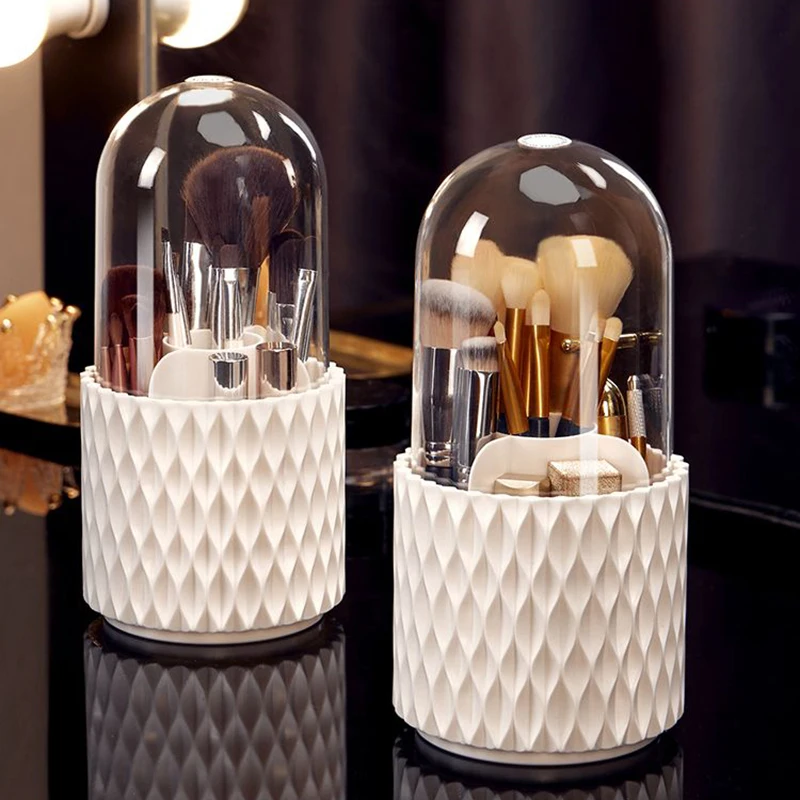 

360° Rotating Cosmetic Container White Makeup Brushes Holder with Lid Vanity Lipsticks Storage Box Eyebrow Pencil Organizer Tool