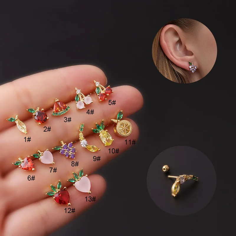 

New Cute Zircon Fruit Earrings for Women 2021 Trend Little Girls Cherry Ear Cuffs Stainless Steel 0.8mm Piercing Stud Earrings