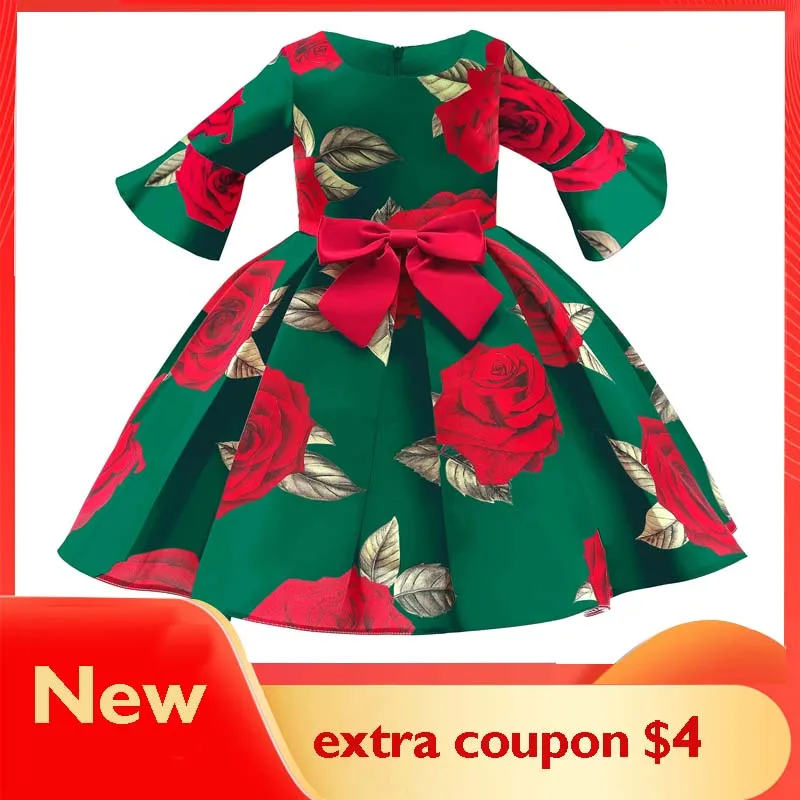 

Элегантное Тюлевое платье принцессы KEAITOUHUO с принтом роз зеленые вечерние платья для девочек с рукавом три четверти Рождественская одежда 3 ...