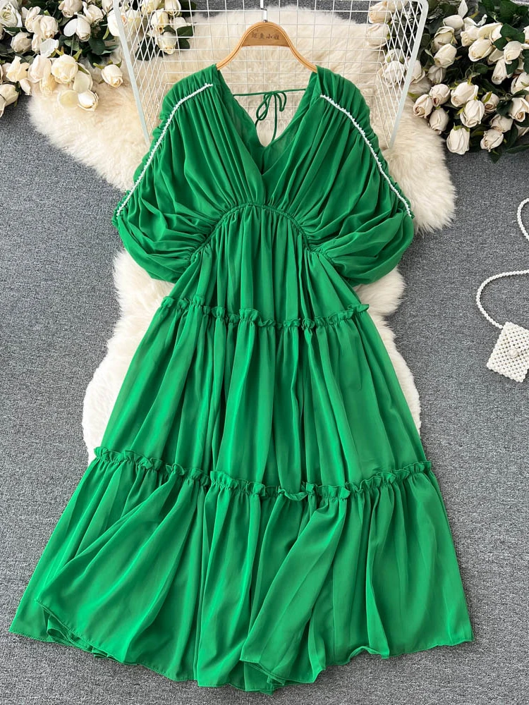 

Summer Women Pleated Chiffon Dress Sexy V-Neck Puff Sleeve High Waist Draped Vestidos Female Vacation Beach Midi Robe New