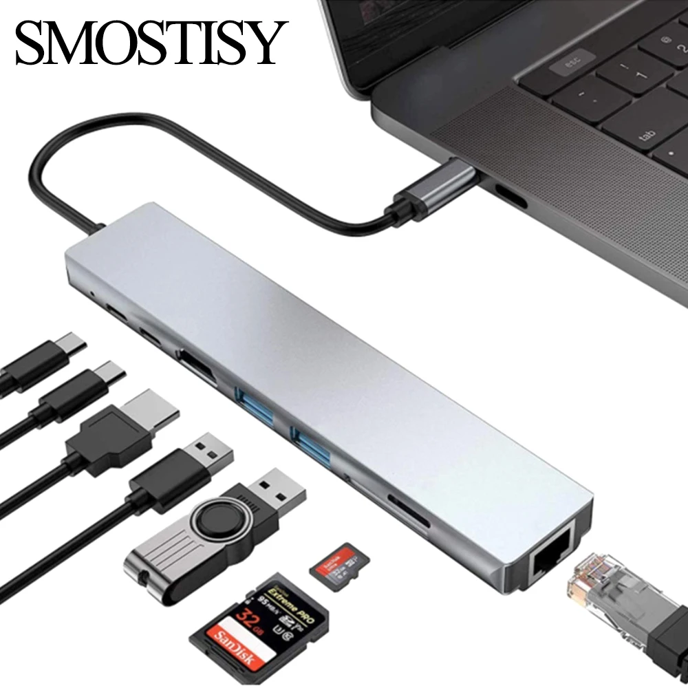 

USB C Hub USB 3.0 HDMI RJ45 PD Charge SD Reader Witch Splitter For Macbook Pro Laptop Type C Adapter Dock Station OTG