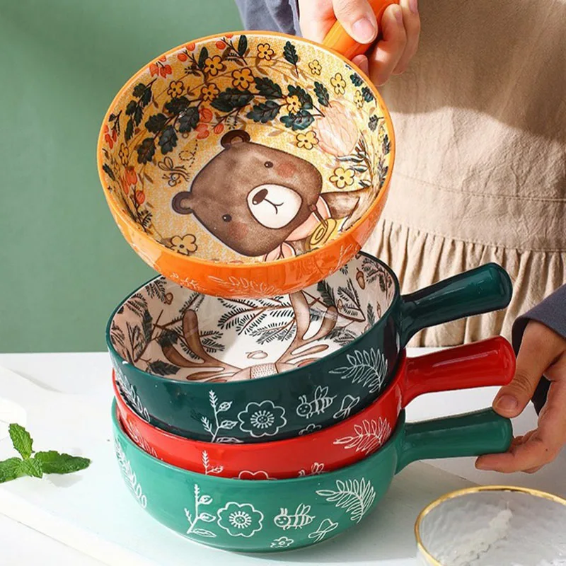 

Керамическая жаропрочная посуда в японском стиле с ручками, форма для выпечки с изображением лесных животных, кухонная посуда под глазурью, Салатница, посуда из австралийского фарфора