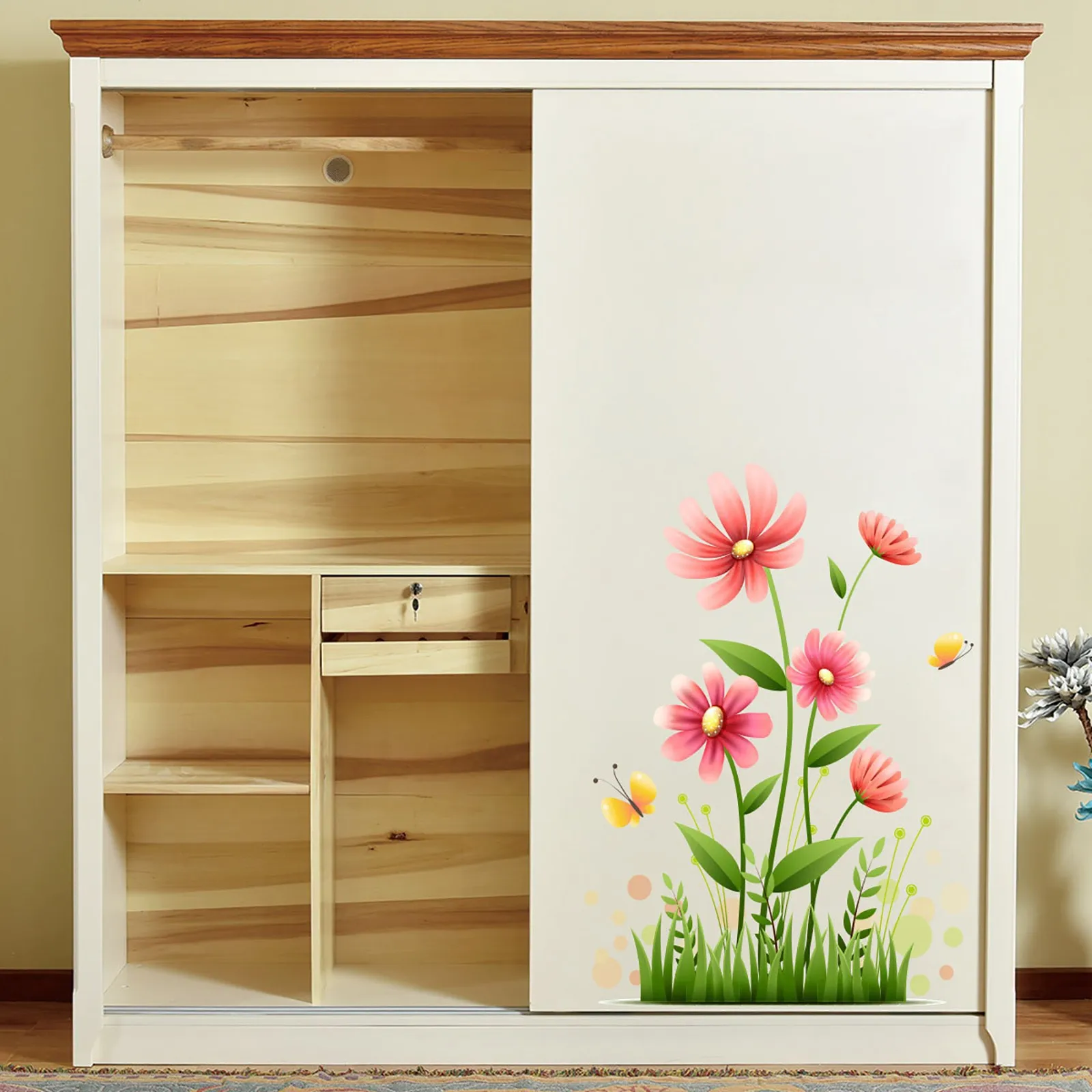 

Настенные зеркальные наклейки, декоративные цветы, розовые цветы, стикеры на стену, зеленые листья, стикер на стену, цветочное растение