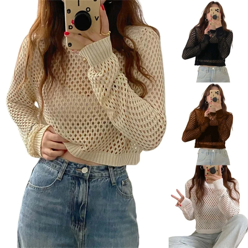 

New style Hollows Knitted Ribbed Shirts Drawsting Sweet Style Pullover Neckline Long Sleeves Apricot Solid Color Top for Womens