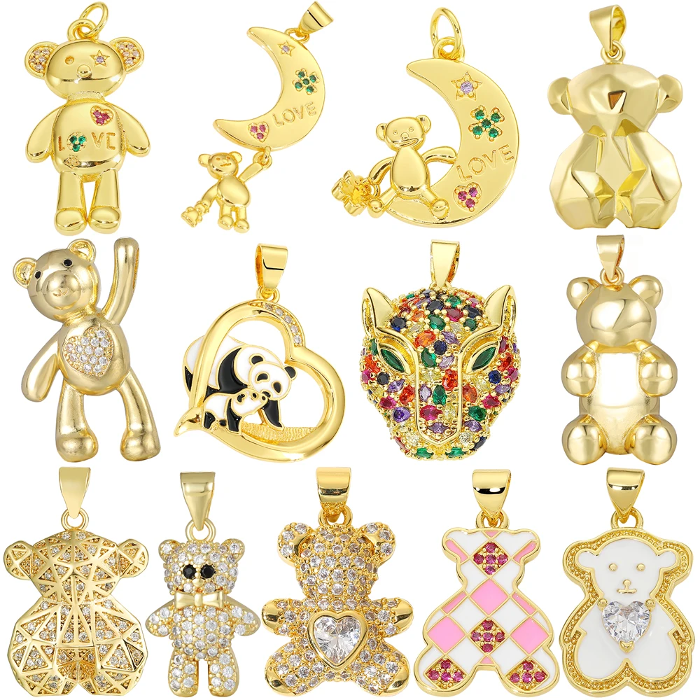 

Juya 18K Real Gold Plated Handmade Cubic Zirconia Enamel Moon Panda Leopard Bear Charms For DIY Women Pendant Jewelry Making