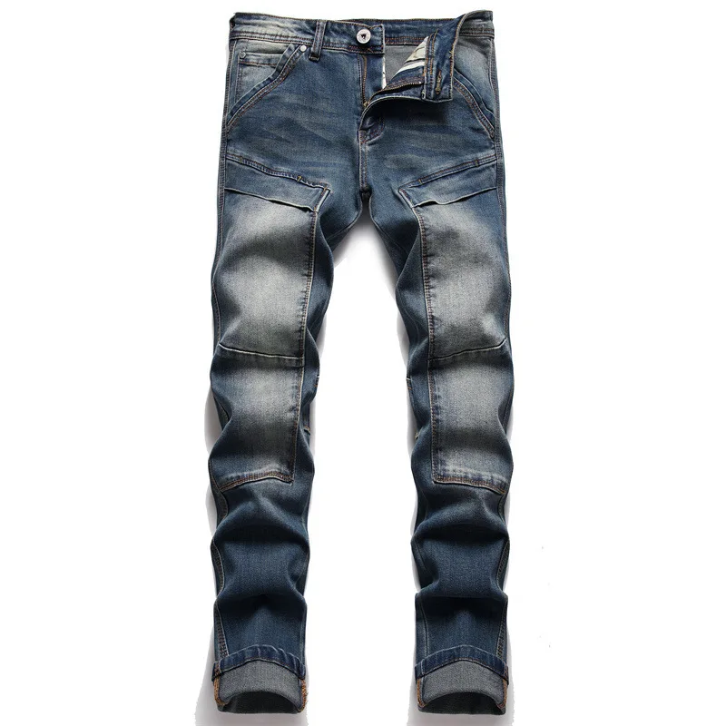 2023 New Fashion Four Seasons Leisure Cotton Bomb Men's Trousers Stitching Collage Tight Small Foot Jeans Men Men Pants  Jeans