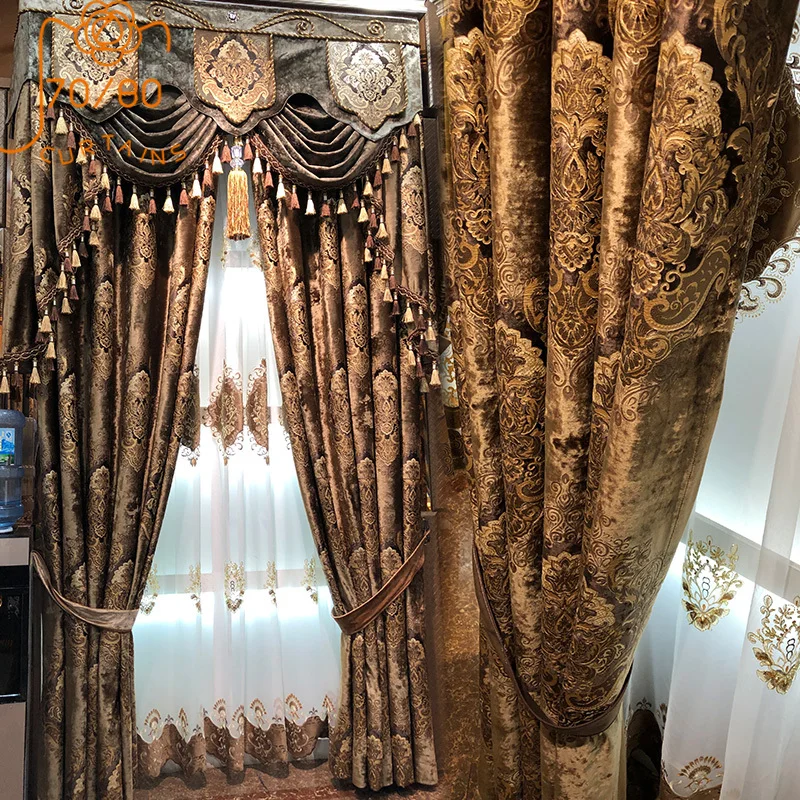 European-style High-end Palace Coffee Color Flannel Jacquard Blackout Curtains for Living Room Bedroom Villa Customization