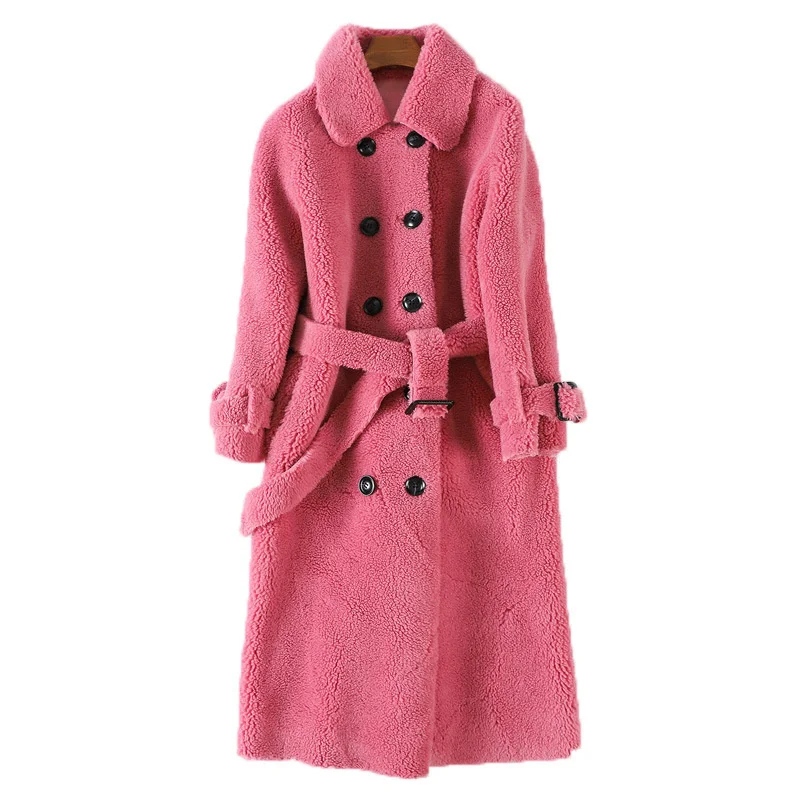 winter fur coat female 2023 sheep shearing long solid color double faced wool fur jacket lapel double breasted belted outerwear