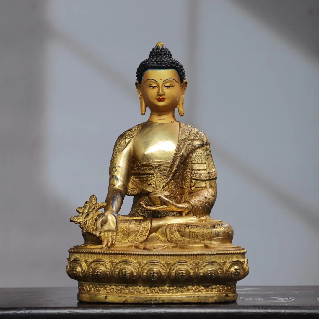 

8"Tibetan Temple Collection Old Bronze Gilding Cinnabar Painted Medicine Buddha Lotus Platform Sitting Buddha Worship Hall