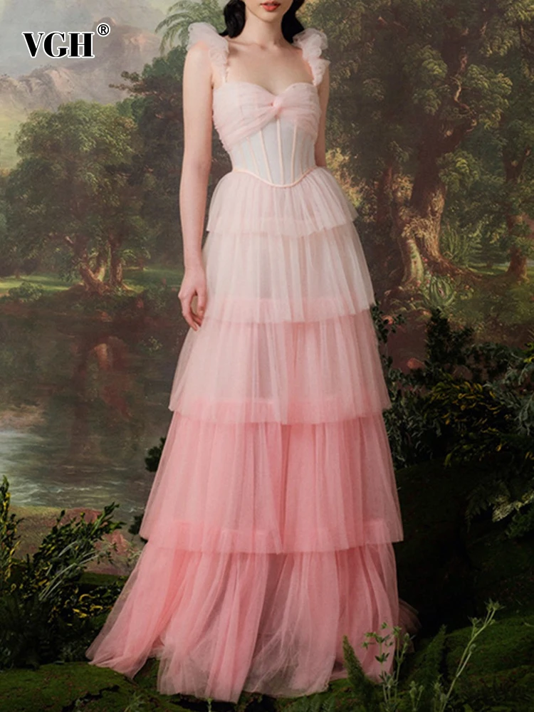 

VGH Gradient Mesh Formal Dresses For Women Square Collar Sleeveless Backless High Waist Tierried A Line Sweet Dress Female New
