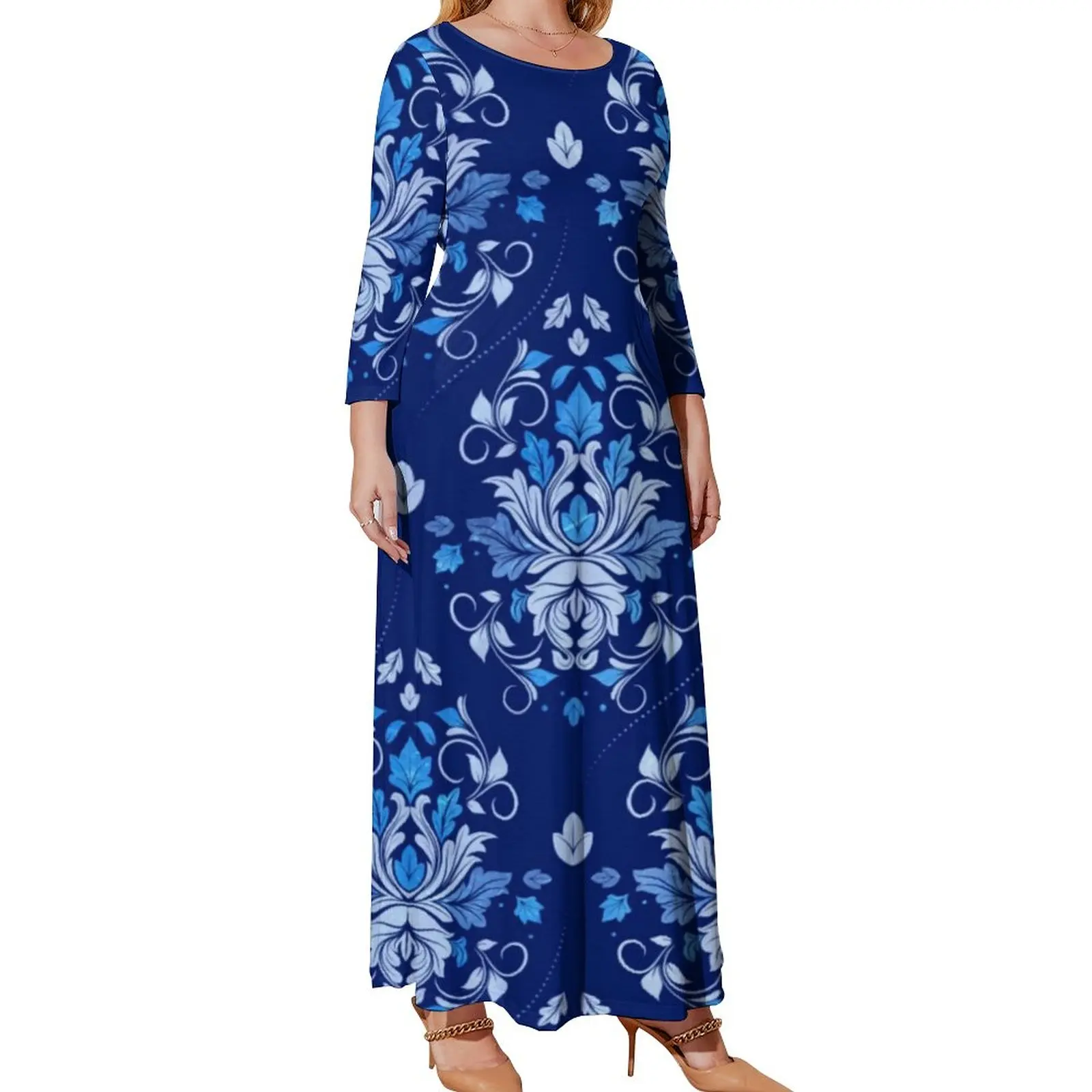Blue Baroque Print Dress Oriental Vintage Damask Street Wear Bohemia Dresses Long Sleeve Cute Maxi Dress Plus Size Clothing