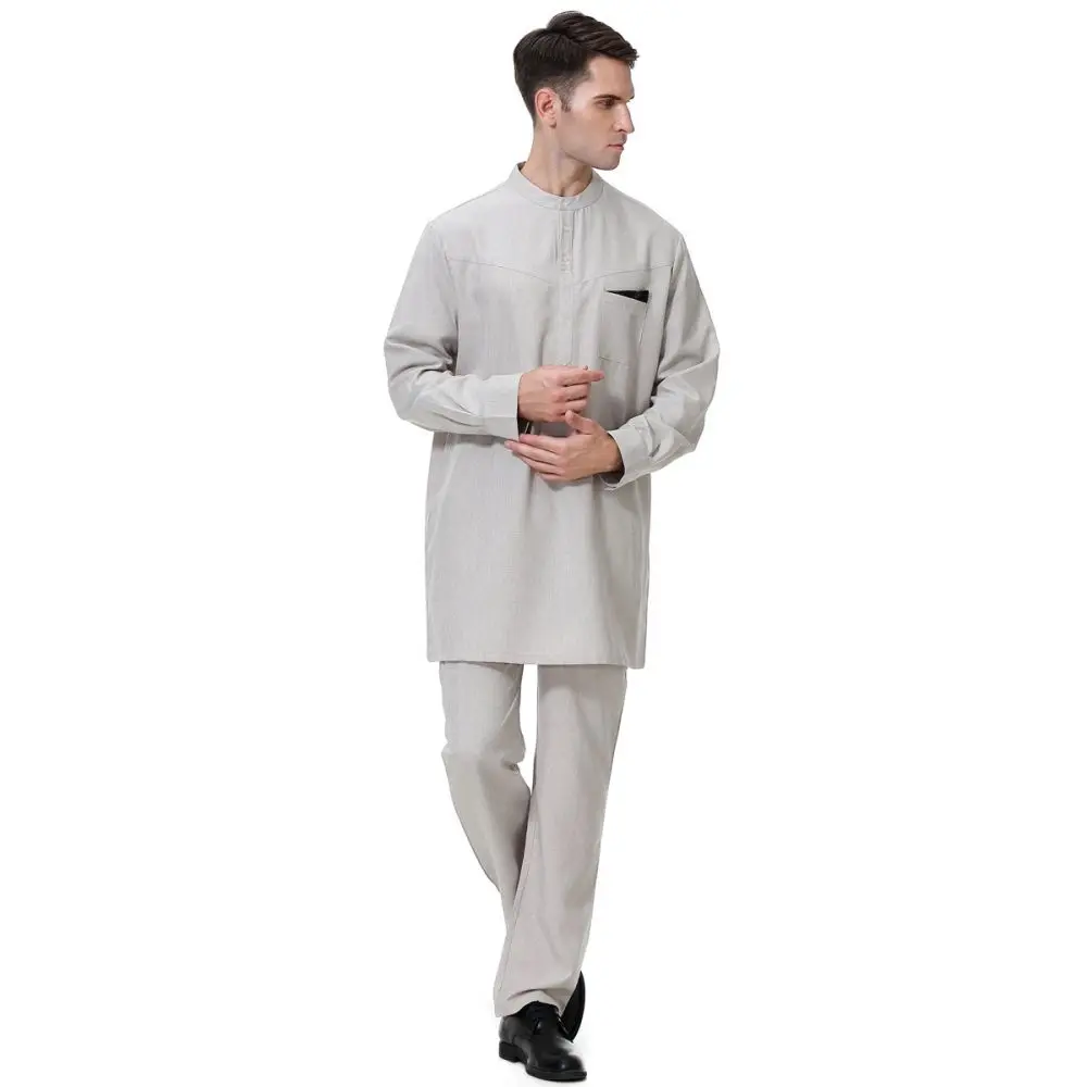 Men Robes Jubba Thobe Muslim Dress Islamic Traditional Cloth Male Abaya Top Pants Set Fashion Leisure Saudi Arab Prayer Costume