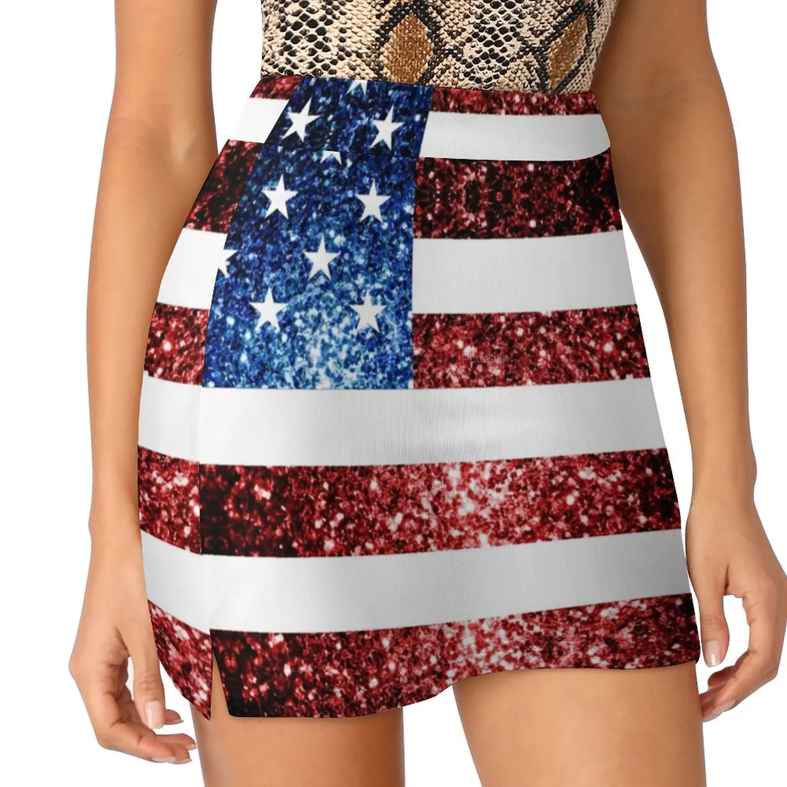 

American Flag Red Blue Skirt Faux Sparkles Glitters Aesthetic Casual A-line Skirts Kawaii Mini Skirt Oversized Skort Clothes