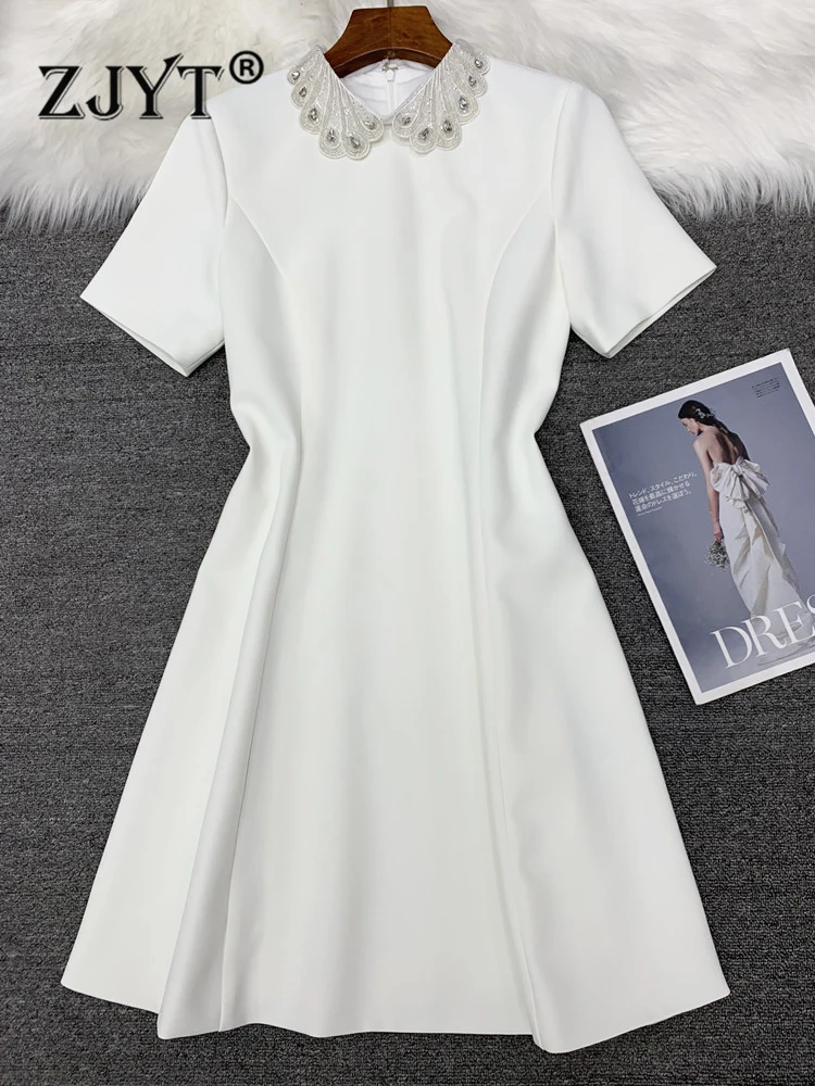 

ZJYT Fashion Runway Designer 2022 Summer Dress Women High Quality Short Sleeve Embroidery Collar Solid White Simple Vestidos