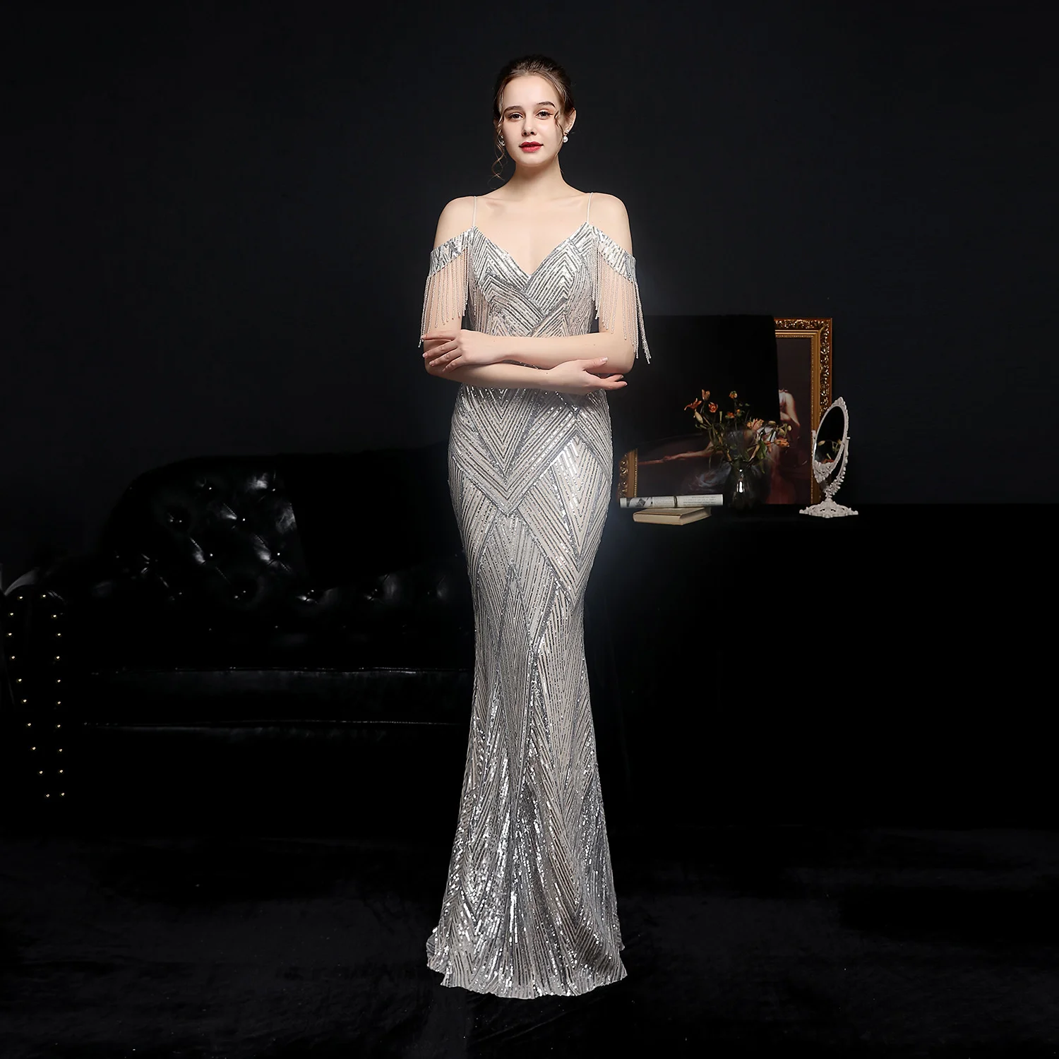 

18581# Sequin fishtail long dress performance net red activity banquet car model etiquette evening dress
