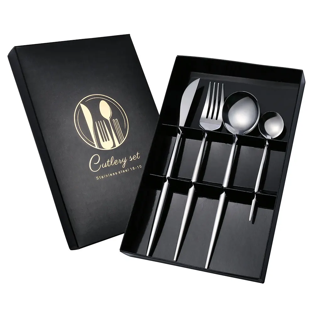 

4pcs 410Stainless Steel Kit Luxury Knife Fork Spoon Dinnerware Set Tableware Cutlery Set Gift Box Flatware Dishwasher Safe