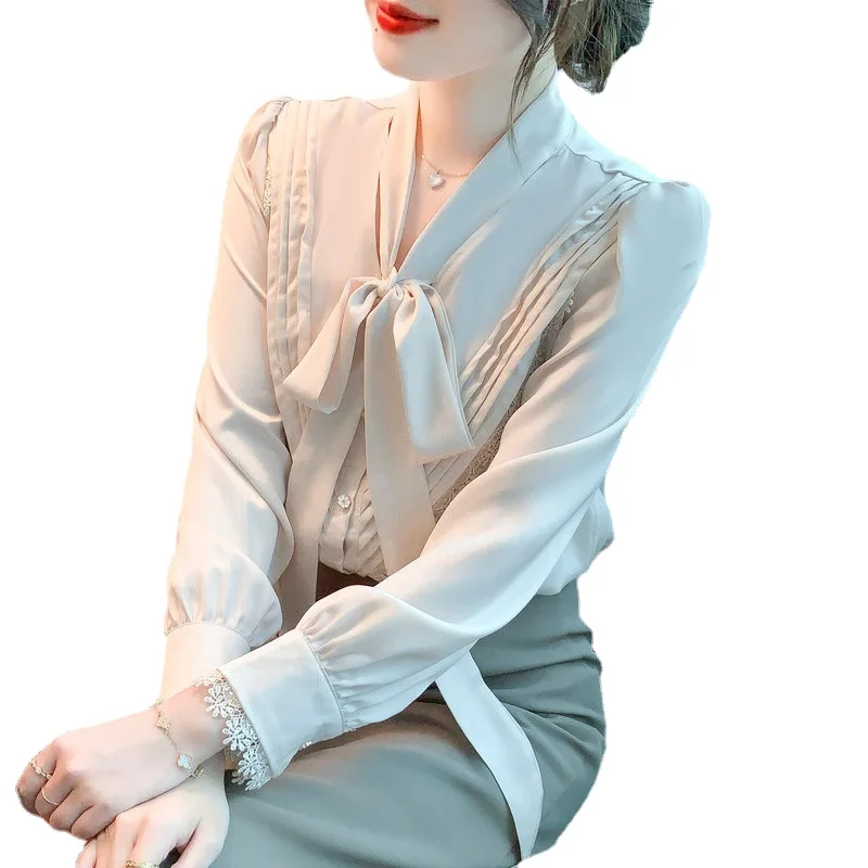 Женская атласная блузка с длинным рукавом элегантная винтажная бежевого цвета