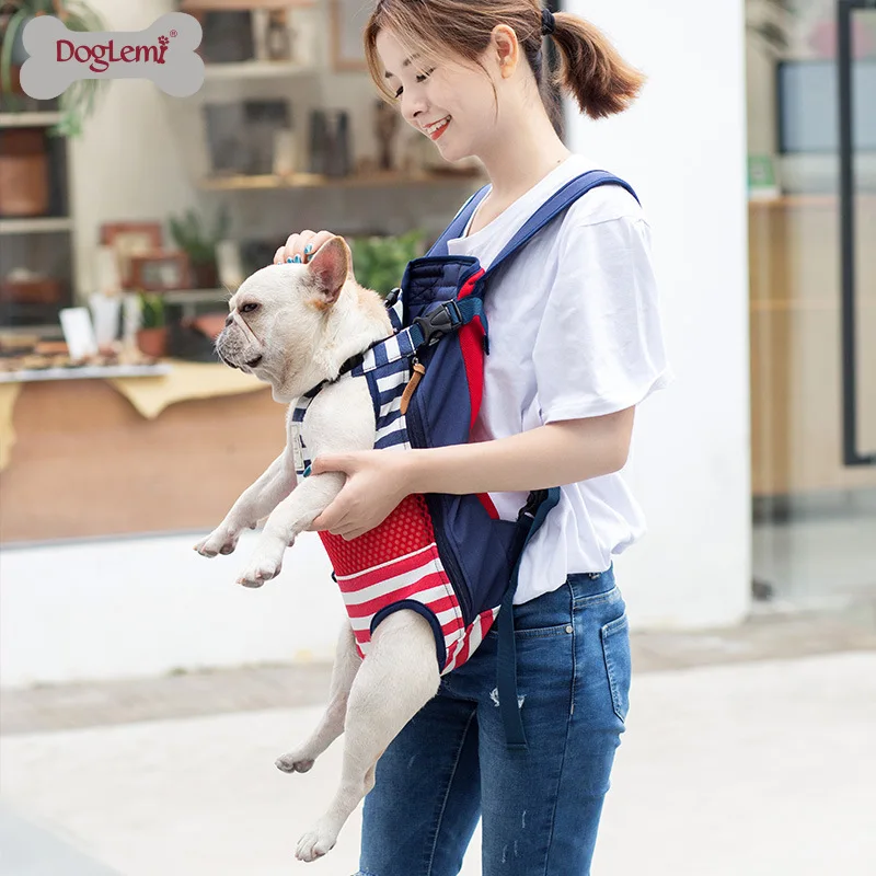 Outdoor pet backpack striped color matching puppy chest dog backpack travel breathable mesh cat bag dog bag