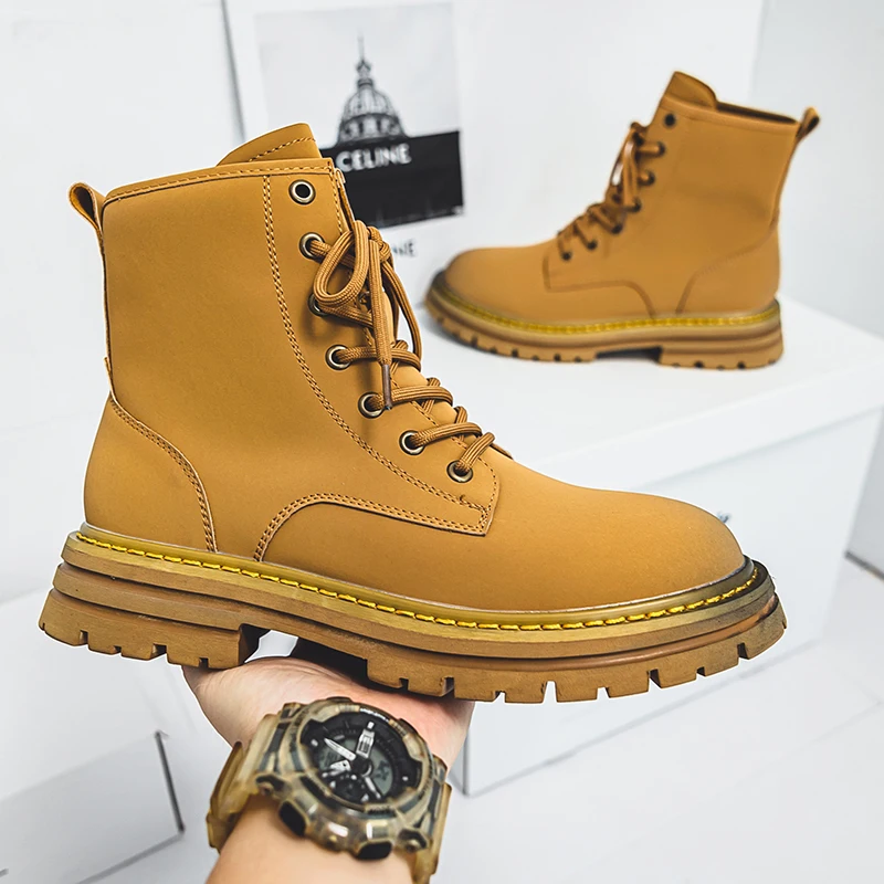 

British style mens fashion desert boots yellow original leather shoes outdoors tooling work boot cowboy platform ankle botas man
