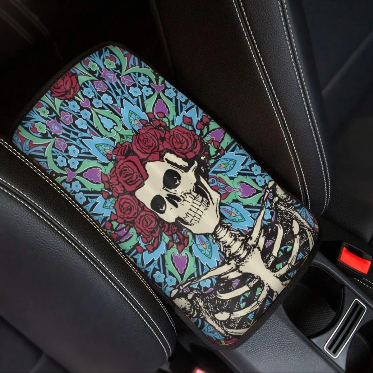 

INSTANTARTS Stylish Floral Skull Abstract Pattern Non-slip Center Console Cover Pad Car Interior Cushion Car Armrest Cover Gifts