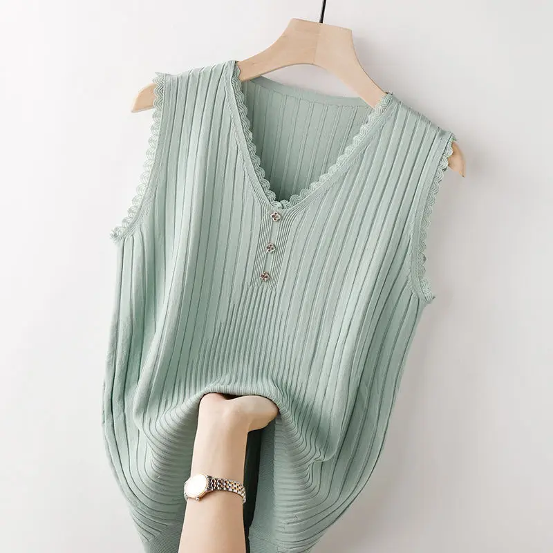 

YEMOGGY Ice Silk Sling Lace Vest Bottom Knit Sweater Vest for Women's Summer Tops 2022 New Solid V-Neck Button Outer Wear Camis