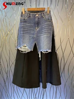 womens new 2022 summer fashion trends personality stitching denim skirt ladies streetwear high waist patchwork mid calf skirt