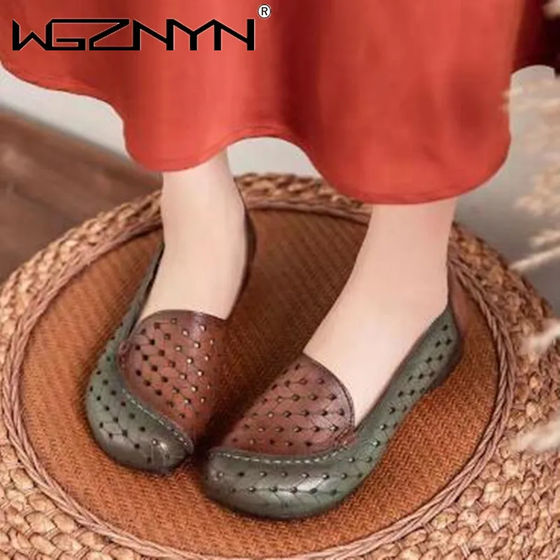 

Female Handmade Genuine PU Leather Slip on Loafers Women Shallow Hollow Breathable Summer Flat Shoes Woman Moccasins Footwear