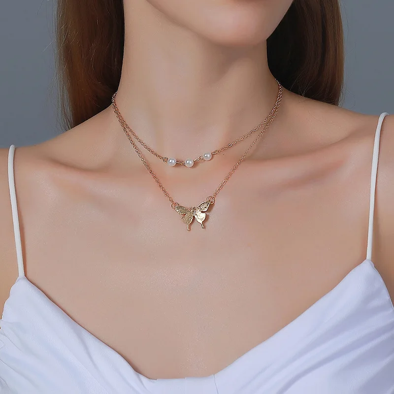 

Minimalist Gold Color Butterfly Pendant Necklace for Women Femme Simulated Pearl Double Layered Choker Necklaces Party Jewelry