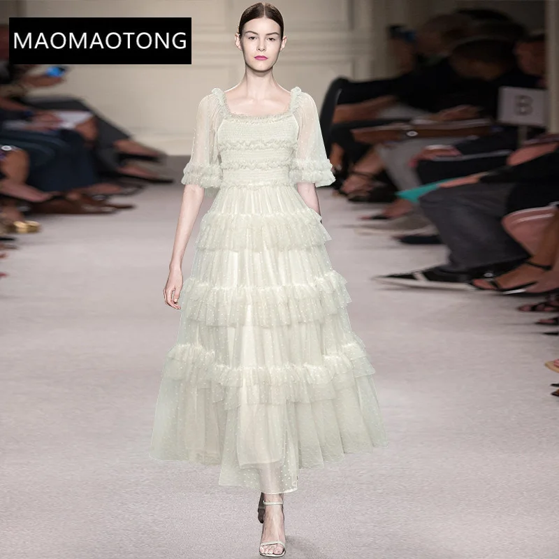 

Fashion Designer Summer Dress Women's Square collar Elasticity Elegant Cascading Ruffles Long Vacation Party Dress