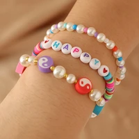 ethnic multicolor polymer clay flat letters happy charms bracelet for women tai chi pearls beaded chain bangle boho jewelry gift