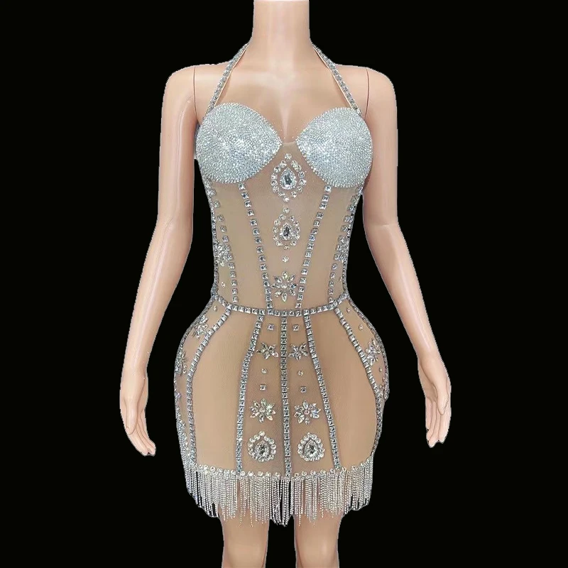 

Sexy Sparkly Silver Rhinestone Fringes Halter Mesh Transparent Short Crystals Dress Celebrate Evening Birthday Party Stage Wear