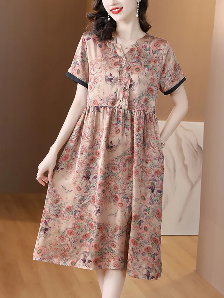 

Women Floral Ruffled V-Neck Casual Long Dress 2023 New Silk Satin Luxury Party Vestidos Summer Elegant Loose Waist Prom Clothes