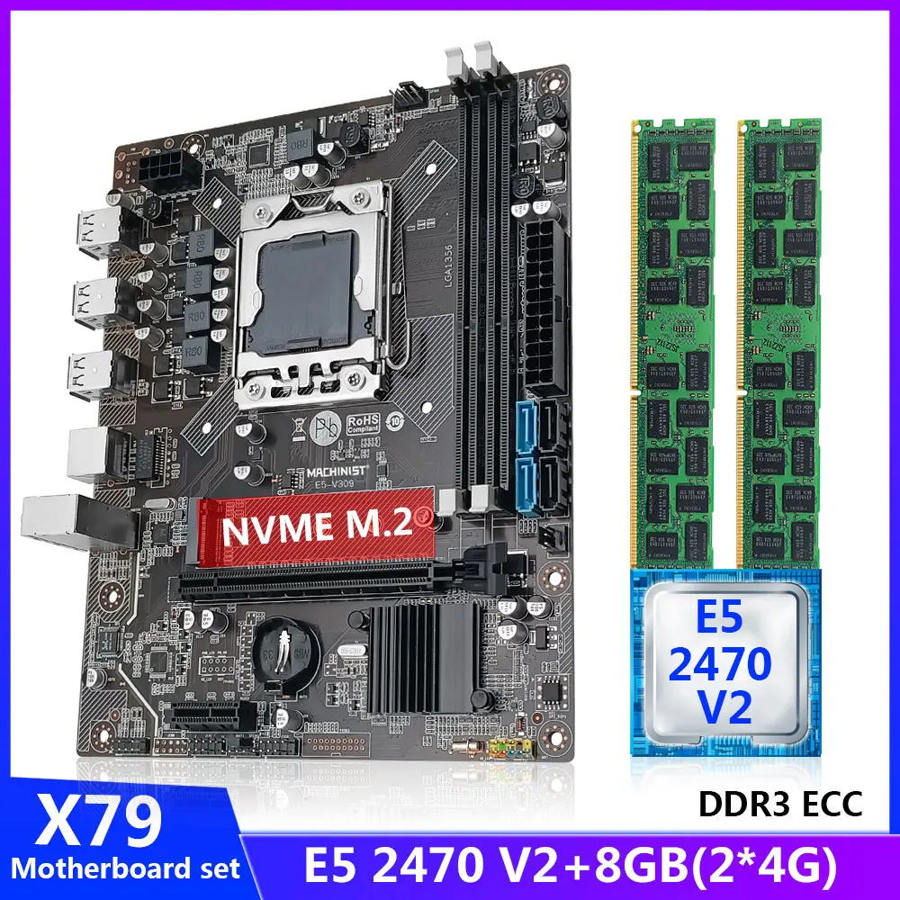 Machinista X79 Placa-mãe Combinação Kit com Xeon e5 2470 v2 Processador Cpu 2*4gb Ddr3 Ecc Ram Memória Nvme M.2 Duplo Canal X79 309