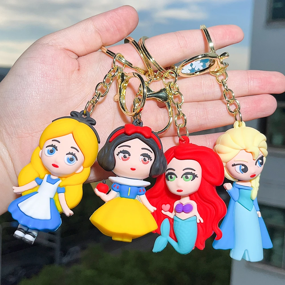 Disney Princess Keychain Cartoon Movie Frozen Beauty and the Beast Snow White Kawaii Doll Keyrings Car Pendant PVC Key Holder images - 6