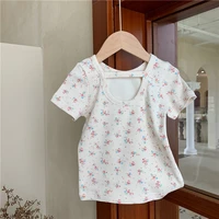 2022 summer new korean style baby girls flower ribbed t shirts backless short sleeve slim tops toddlers kids blouse tees