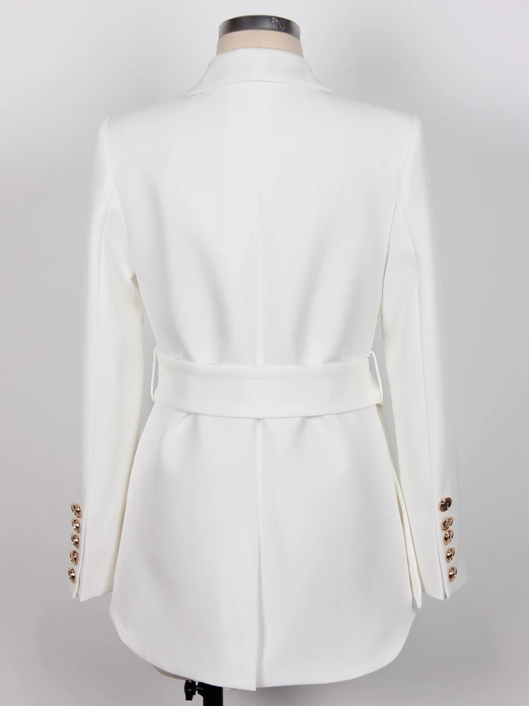 Elegant Lace Up Long Blazers for Women Jacket Coat Autumn Winter Double Breasted Party Office Outerwear Black White Tops