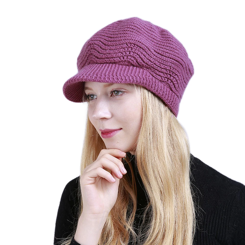 

Womens Winter Hat Wave Knitted Warm Fleece Lined Newsboys Cap Cold Weather Hat With Brim Female Knit Visor Beanie