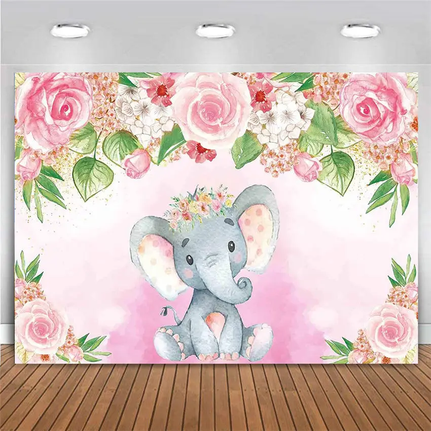 

Pink Floral Baby Elephant Birthday Party Backdrop Flowers for Girl Baby Shower Photography Background Watercolor Table Banner