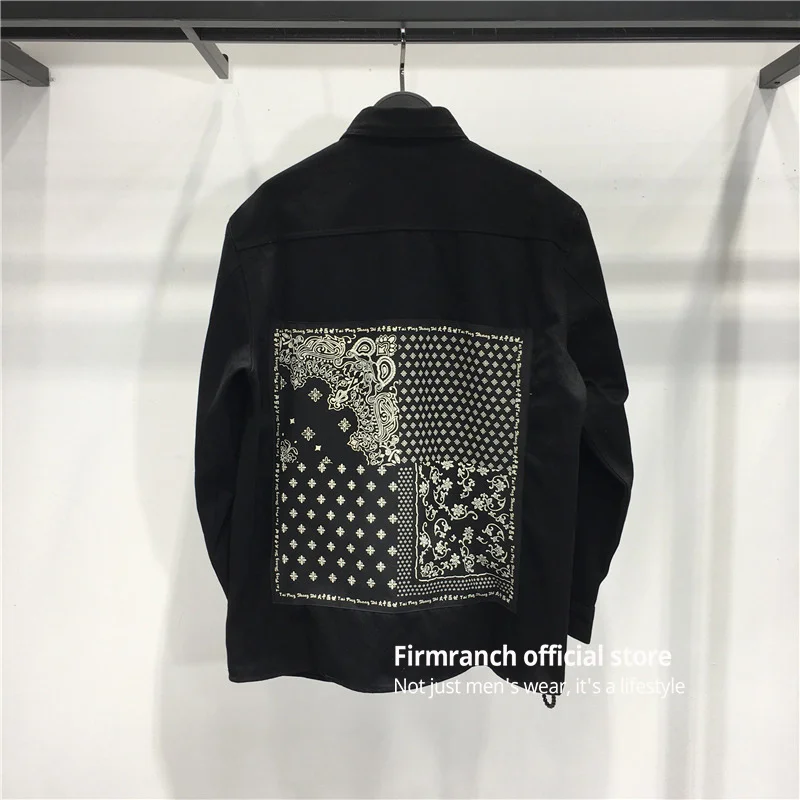 

High Quality Couples Men Heavy Denim Vintage Paisley Shirt For /Women Street Casual Wear Black Jackets
