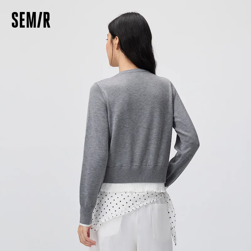 Фото Женский кардиган Semir, короткий, с контрастными вставками, имитация двухслойности, с рюшами, мягкий, повседневный, осенний трикотаж, на каждый день, 2026 №3
