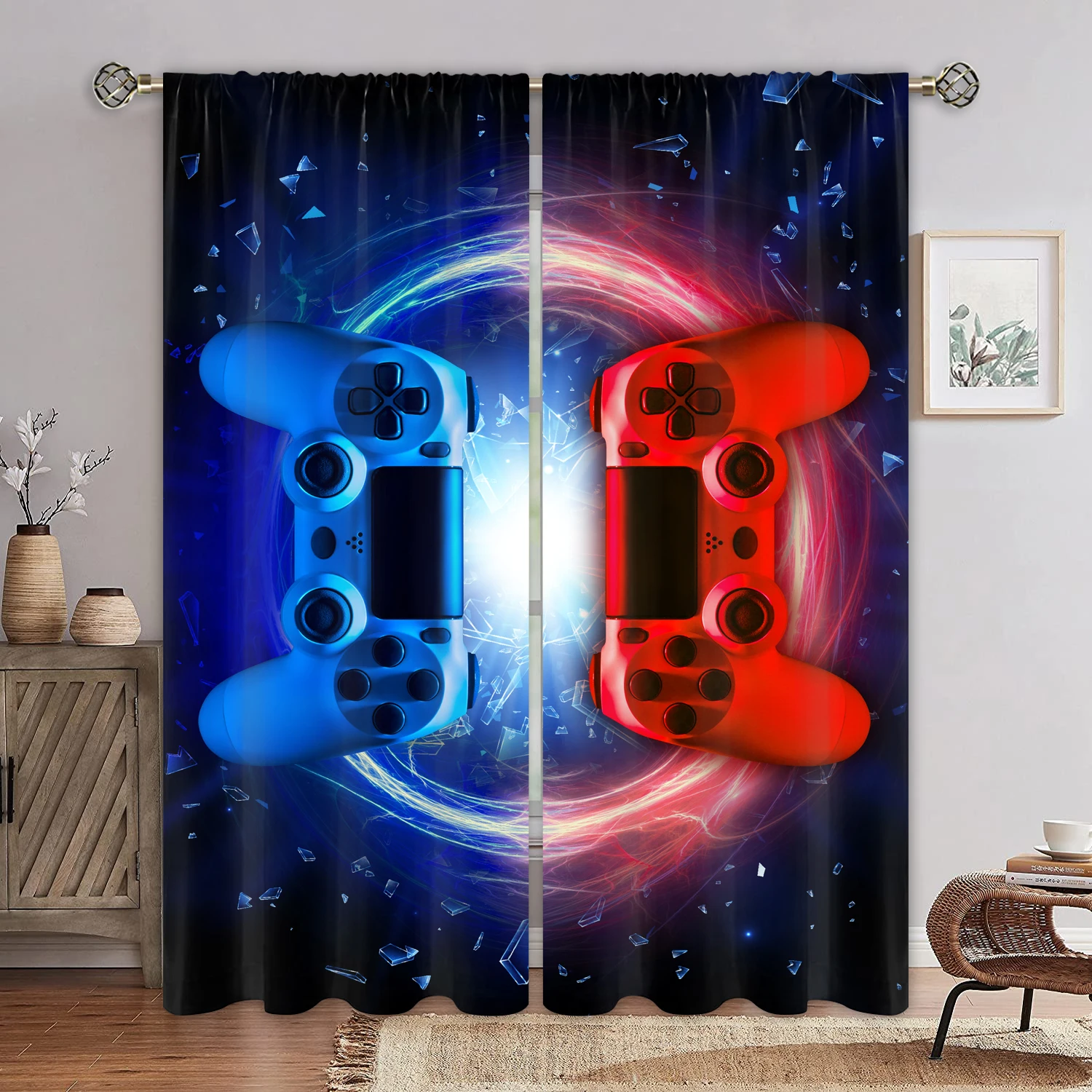 Cool Gaming Controller Curtains Lightning Pattern Drapes Blue Gamer Theme Living Room Bedroom Decor 2 Panels Set