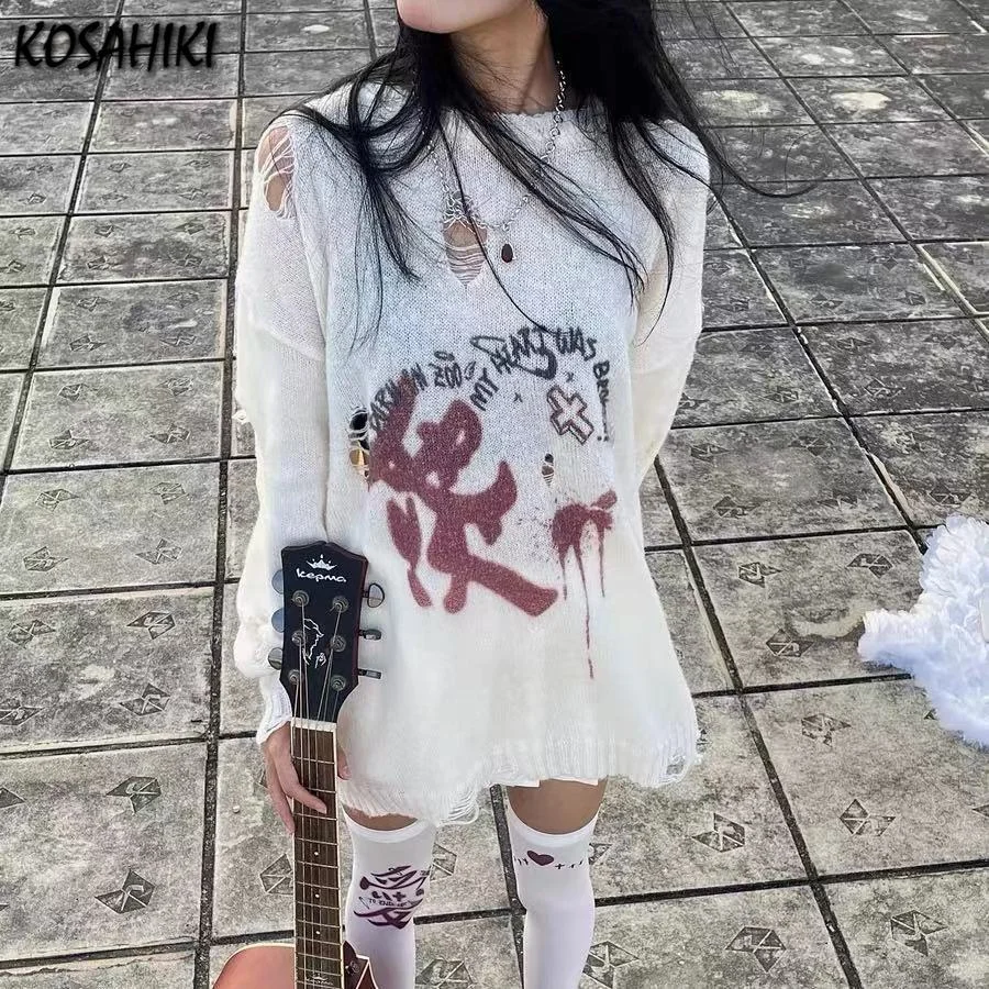 

Punk Thin Ripped Hole Sweater Women Hollow Out Y2k Knitted Pullover 2023 Spring Casual Loose Tops Harajuku Print Jumper