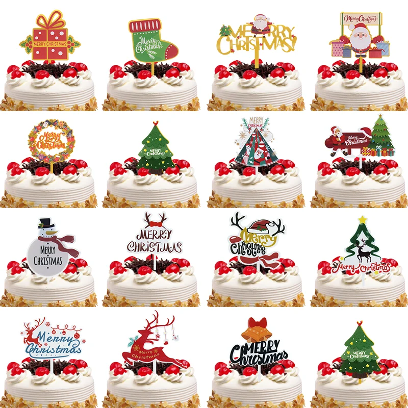 

Merry Christmas Cake Toppers Color Elk Santa Claus Xmas Cupcake Insert Flags Decoration Home Happy New Year Party Baking Decor